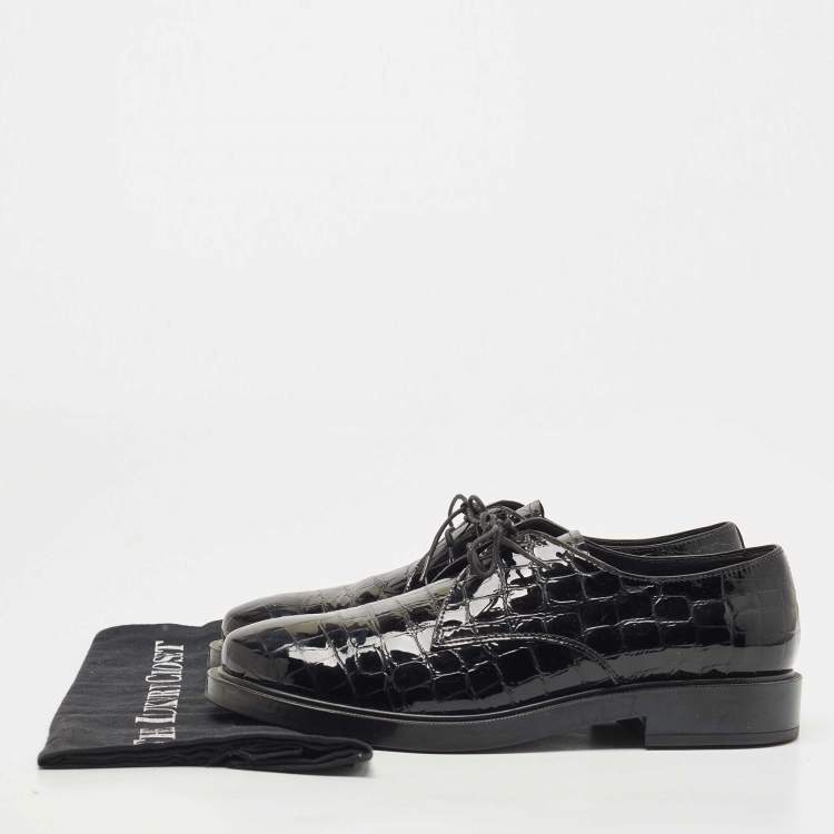 Pre Owned Tod's Black Croc Embossed Patent Leather Lace Up Derby Size 39