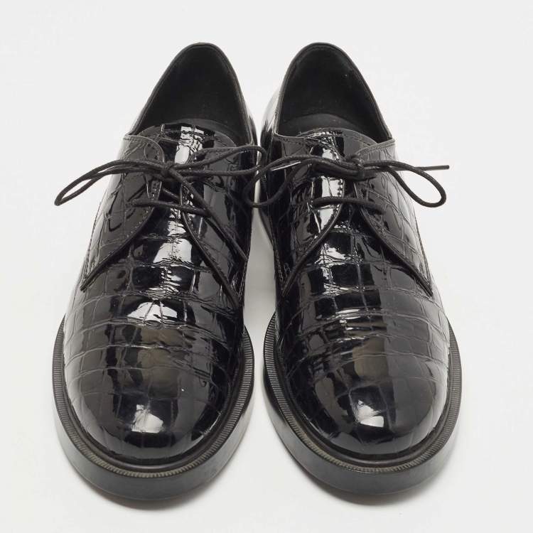Pre Owned Tod's Black Croc Embossed Patent Leather Lace Up Derby Size 39