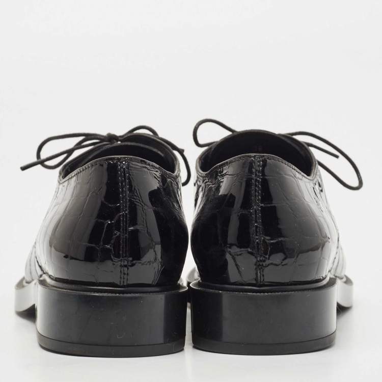 Pre Owned Tod's Black Croc Embossed Patent Leather Lace Up Derby Size 39