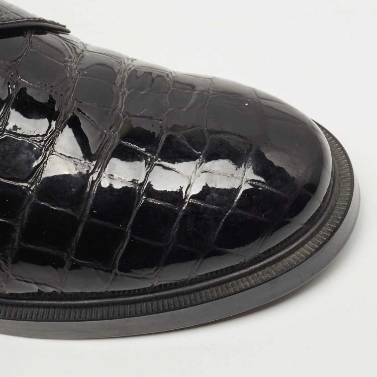 Pre Owned Tod's Black Croc Embossed Patent Leather Lace Up Derby Size 39