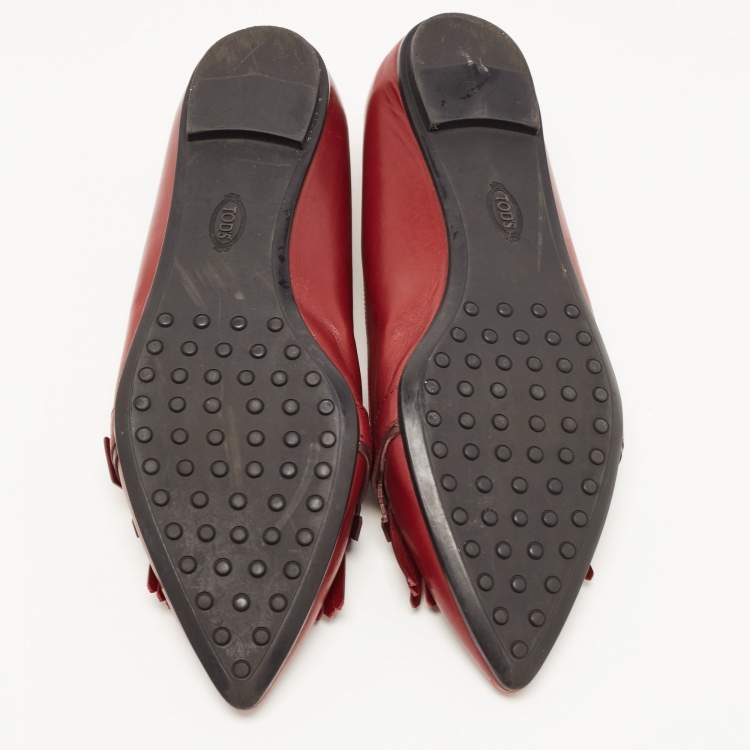 Pre Owned Tod's Burgundy Leather Fringe Ballet Flats Size 39