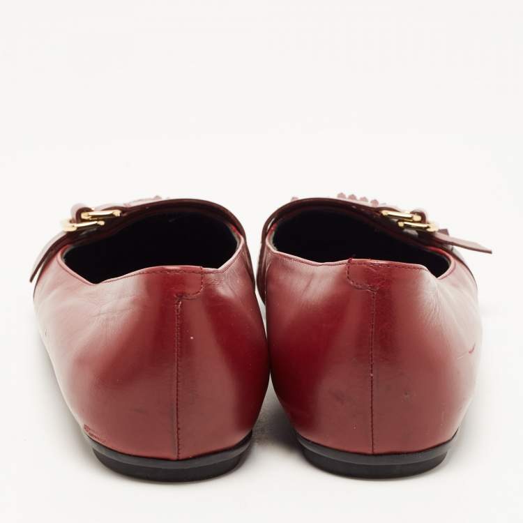 Pre Owned Tod's Burgundy Leather Fringe Ballet Flats Size 39