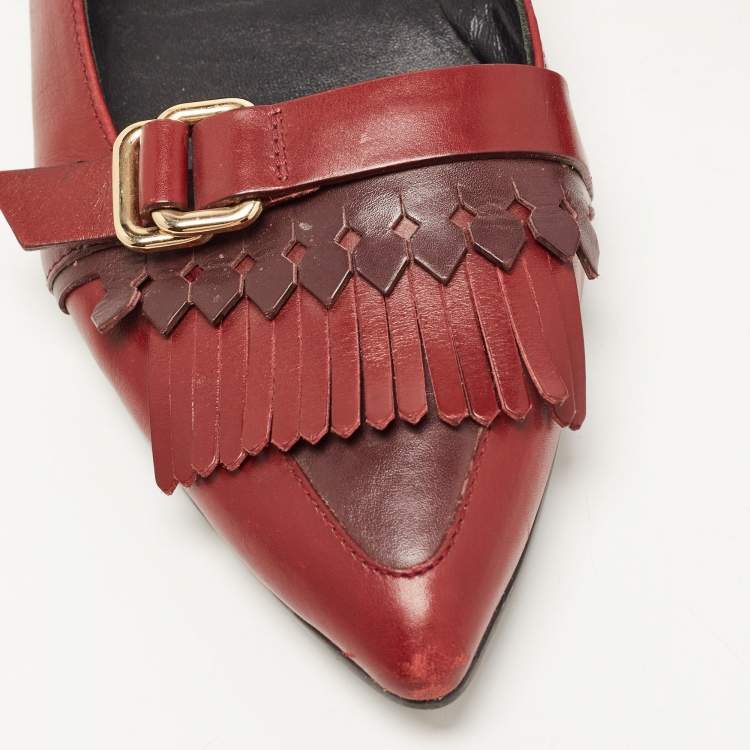 Pre Owned Tod's Burgundy Leather Fringe Ballet Flats Size 39