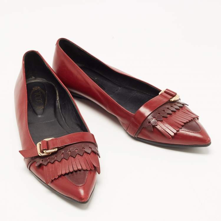 Pre Owned Tod's Burgundy Leather Fringe Ballet Flats Size 39