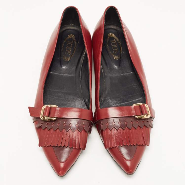 Pre Owned Tod's Burgundy Leather Fringe Ballet Flats Size 39