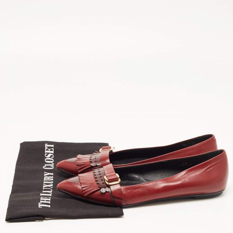 Pre Owned Tod's Burgundy Leather Fringe Ballet Flats Size 39