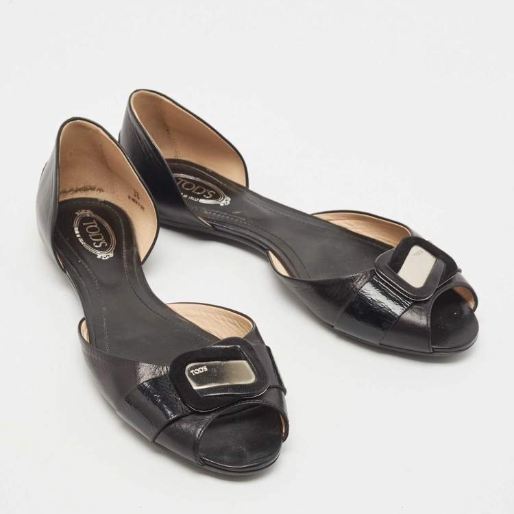 Pre Owned Tod's Black Leather Peep Toe D'orsay Flats Size 36