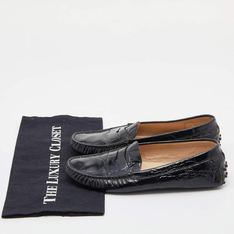 Pre Owned Tod's Black Croc Embossed Leather Penny Loafers Size 38