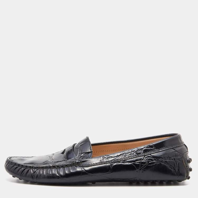 Pre Owned Tod's Black Croc Embossed Leather Penny Loafers Size 38