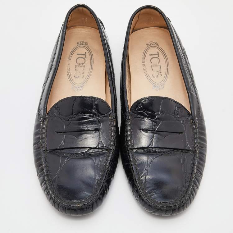Pre Owned Tod's Black Croc Embossed Leather Penny Loafers Size 38