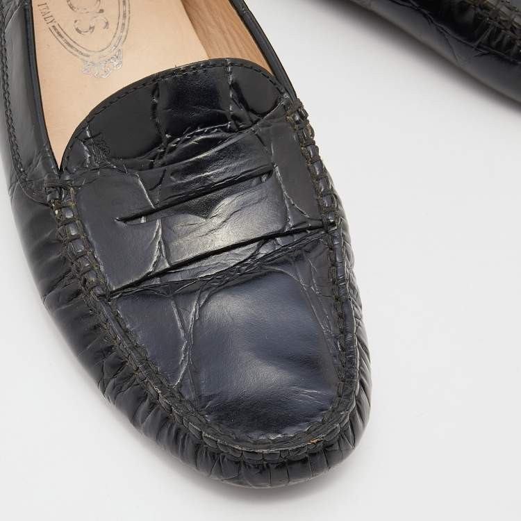 Pre Owned Tod's Black Croc Embossed Leather Penny Loafers Size 38