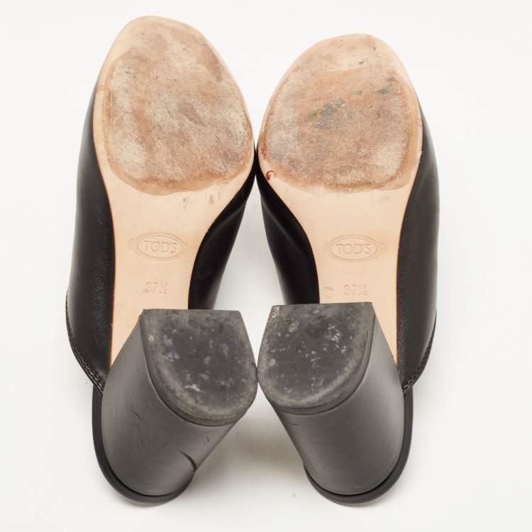 Pre Owned Tod's Black Leather Double T Block Heel Mules Size 37.5