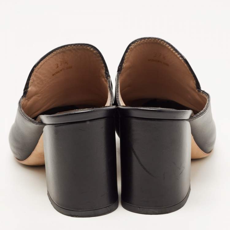 Pre Owned Tod's Black Leather Double T Block Heel Mules Size 37.5