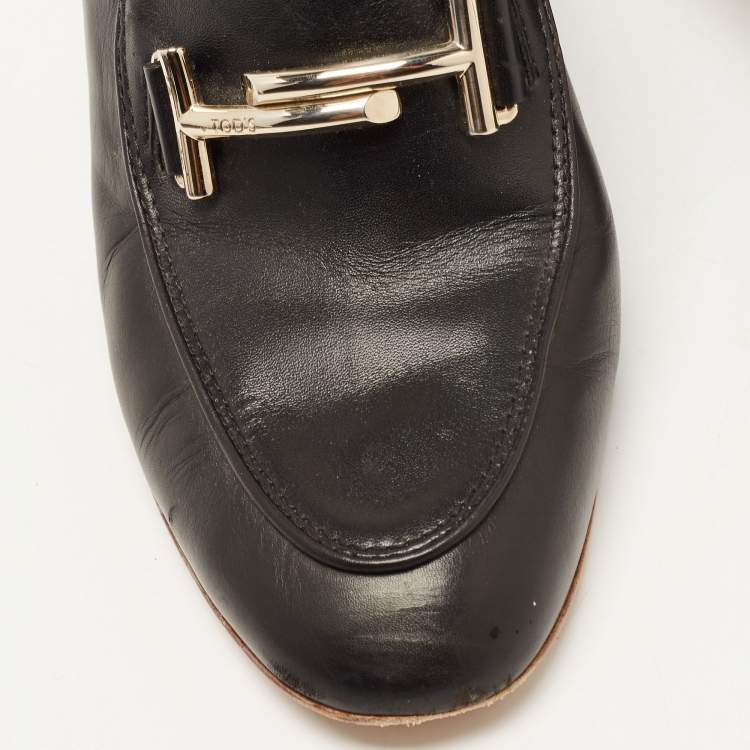 Pre Owned Tod's Black Leather Double T Block Heel Mules Size 37.5