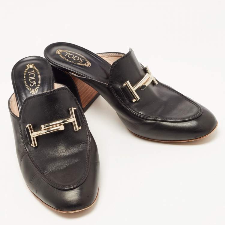 Pre Owned Tod's Black Leather Double T Block Heel Mules Size 37.5