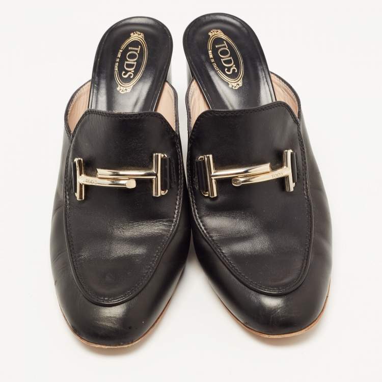 Pre Owned Tod's Black Leather Double T Block Heel Mules Size 37.5
