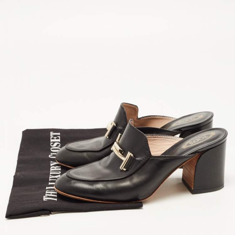 Pre Owned Tod's Black Leather Double T Block Heel Mules Size 37.5