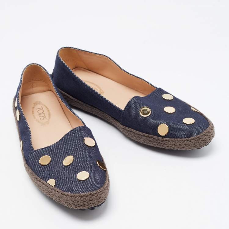 Pre Owned Tod's Dark Wash Denim Studded Espadrille Flats Size 37.5
