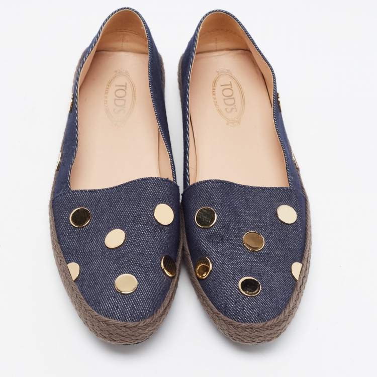 Pre Owned Tod's Dark Wash Denim Studded Espadrille Flats Size 37.5