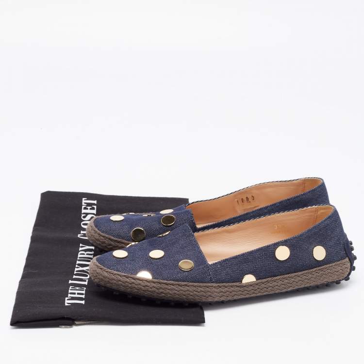 Pre Owned Tod's Dark Wash Denim Studded Espadrille Flats Size 37.5