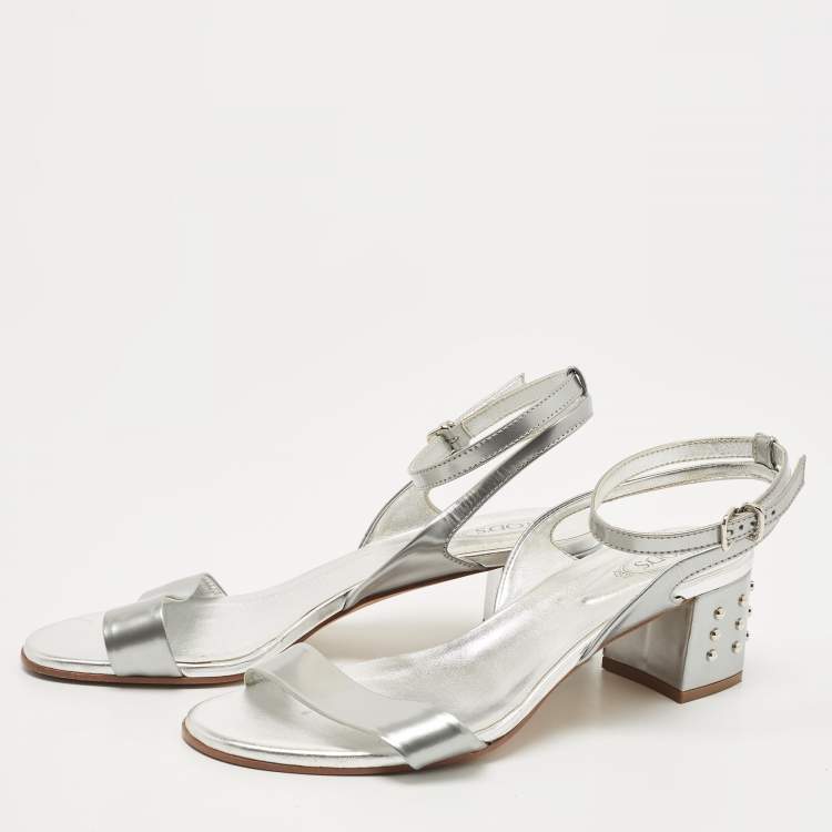 Pre Owned Tod's Silver Foil Leather Studded Block Heel Ankle Strap Sandals Size 40