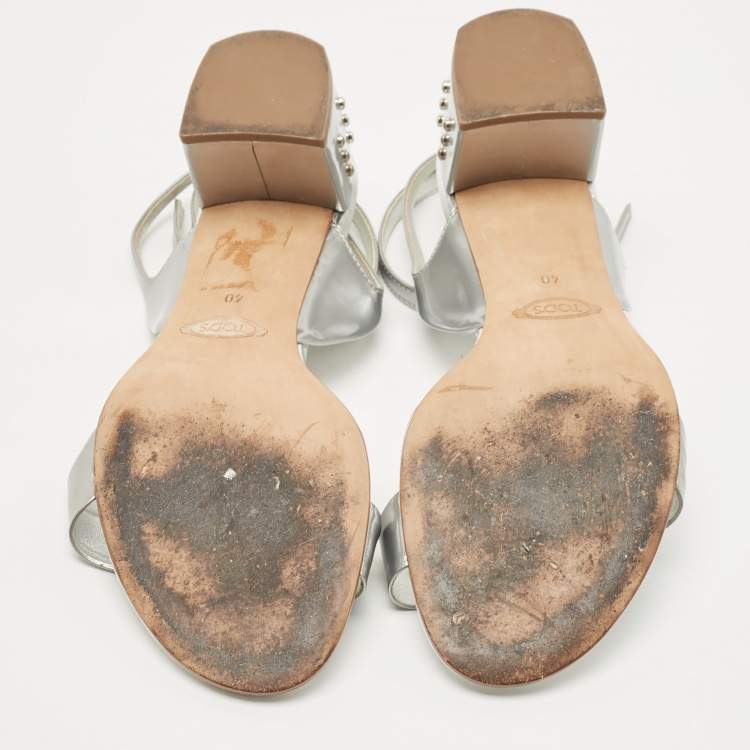 Pre Owned Tod's Silver Foil Leather Studded Block Heel Ankle Strap Sandals Size 40
