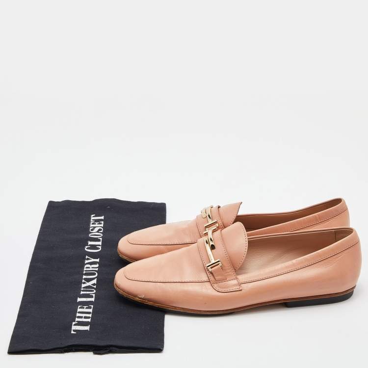 Pre Owned Tod's Peach Leather Double T Slip On Penny Loafers Size 37.5