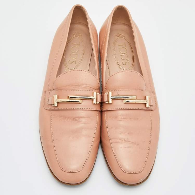 Pre Owned Tod's Peach Leather Double T Slip On Penny Loafers Size 37.5