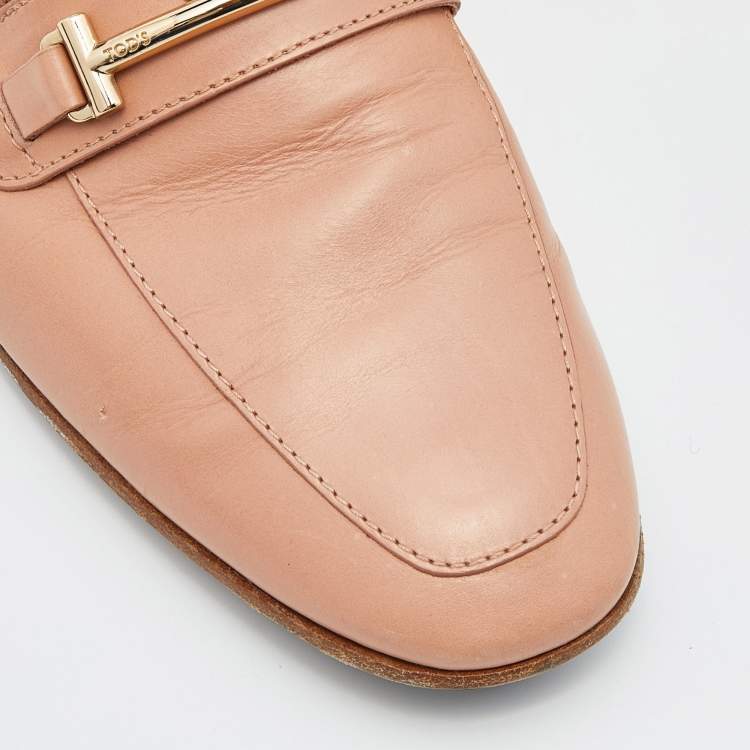 Pre Owned Tod's Peach Leather Double T Slip On Penny Loafers Size 37.5
