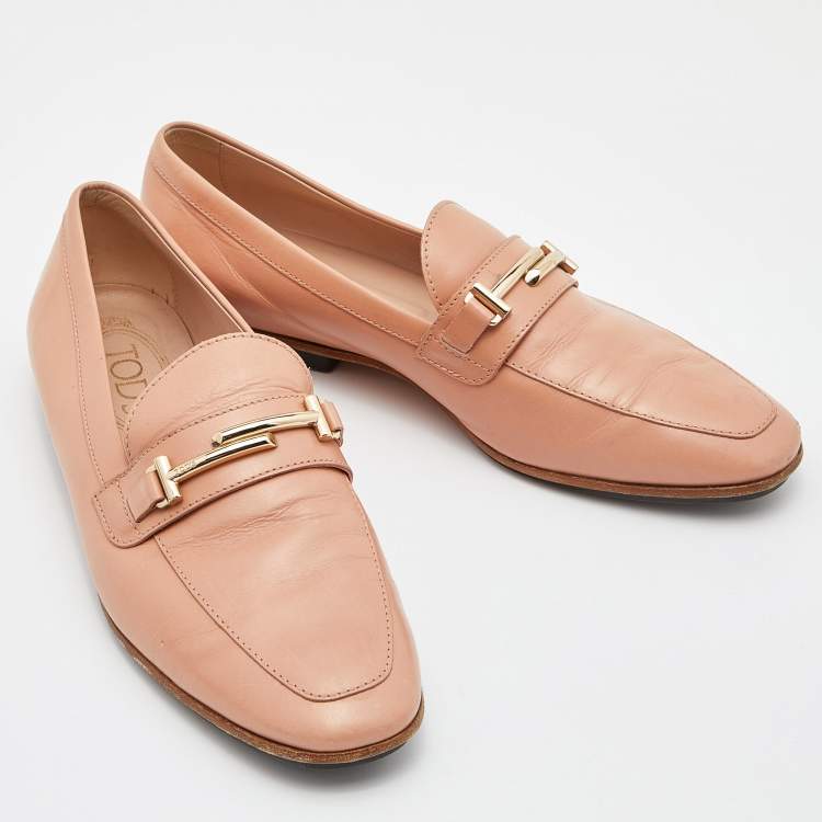 Pre Owned Tod's Peach Leather Double T Slip On Penny Loafers Size 37.5
