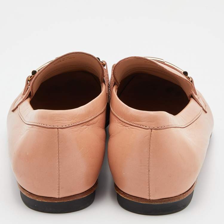 Pre Owned Tod's Peach Leather Double T Slip On Penny Loafers Size 37.5