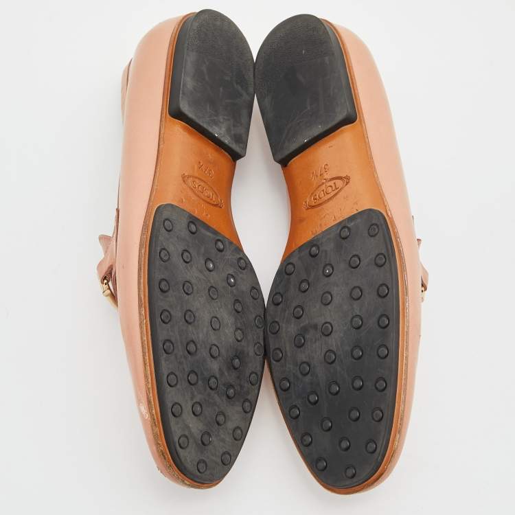 Pre Owned Tod's Peach Leather Double T Slip On Penny Loafers Size 37.5