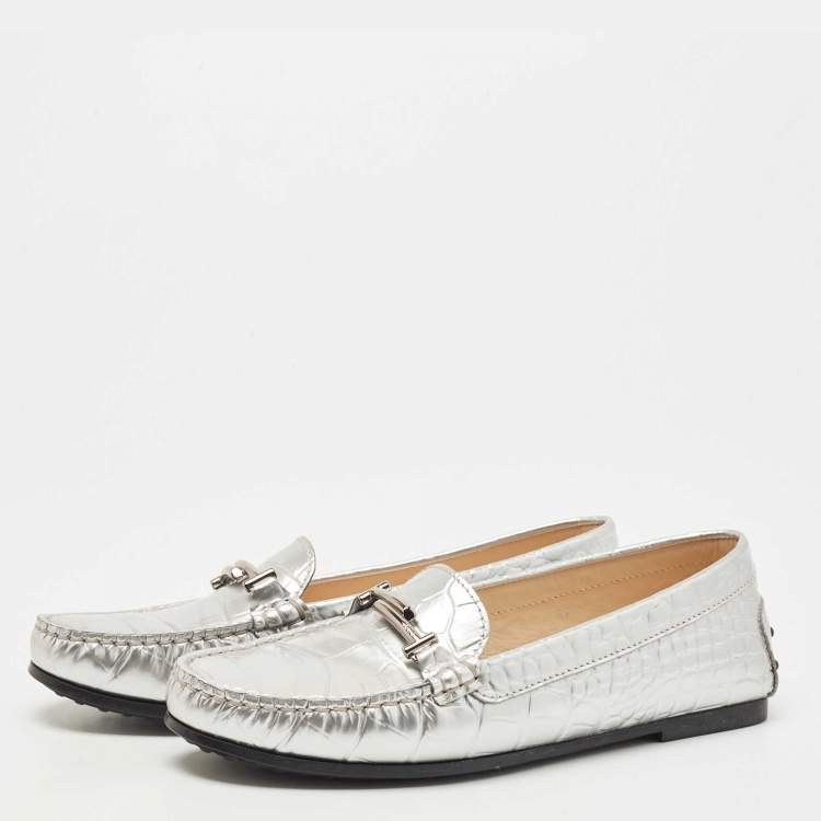 Pre Owned Tod's  Metallic Silver Croc Embossed Leather Double T Driving Loafers Size 37