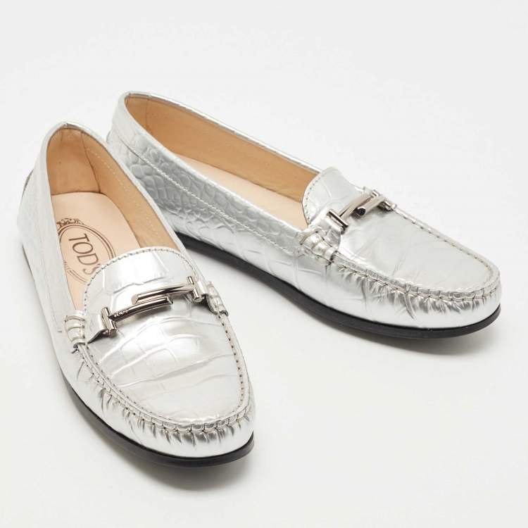Pre Owned Tod's  Metallic Silver Croc Embossed Leather Double T Driving Loafers Size 37