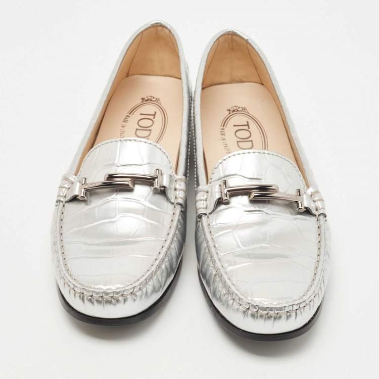 Pre Owned Tod's  Metallic Silver Croc Embossed Leather Double T Driving Loafers Size 37