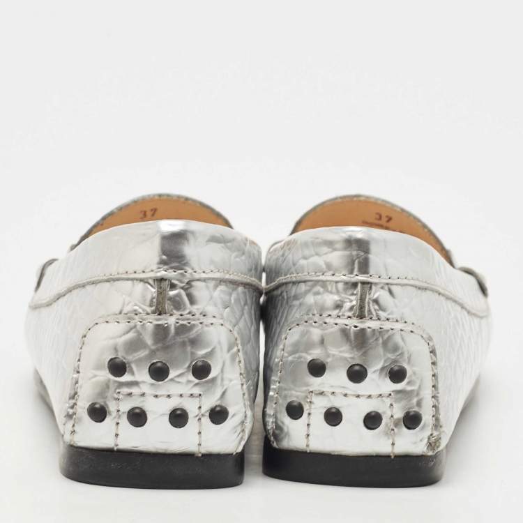 Pre Owned Tod's  Metallic Silver Croc Embossed Leather Double T Driving Loafers Size 37