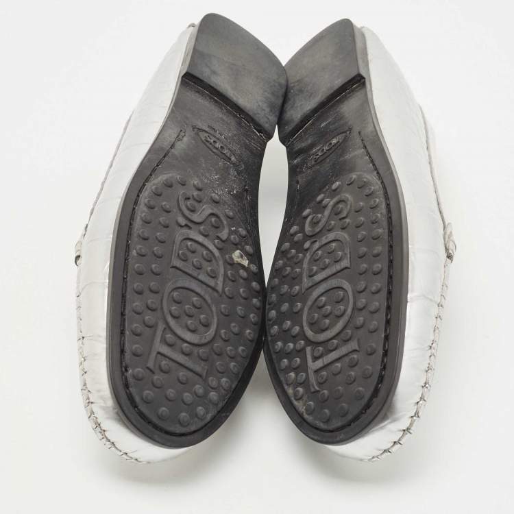 Pre Owned Tod's  Metallic Silver Croc Embossed Leather Double T Driving Loafers Size 37