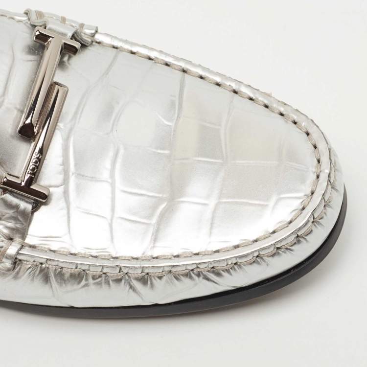 Pre Owned Tod's  Metallic Silver Croc Embossed Leather Double T Driving Loafers Size 37