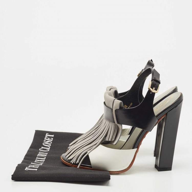 Pre Owned Tod's Tricolor Leather and Suede Fringe Detail Slingback Sandals Size 38