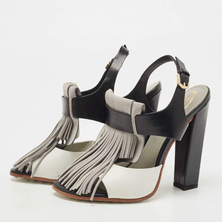 Pre Owned Tod's Tricolor Leather and Suede Fringe Detail Slingback Sandals Size 38
