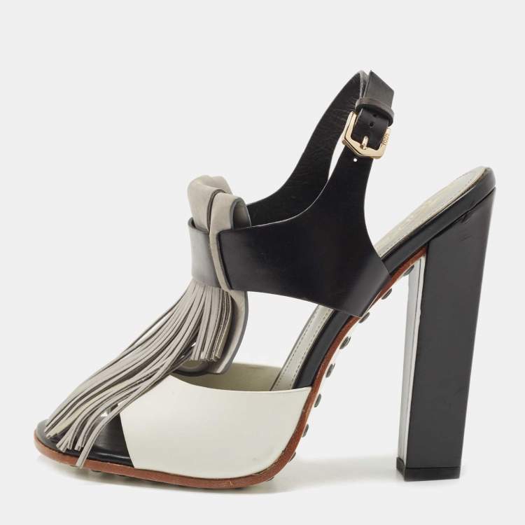 Pre Owned Tod's Tricolor Leather and Suede Fringe Detail Slingback Sandals Size 38