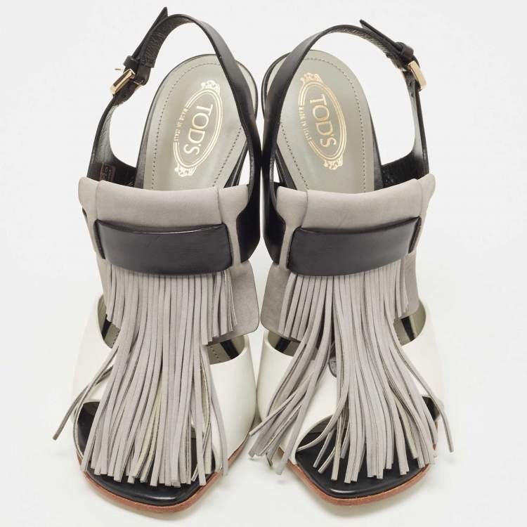 Pre Owned Tod's Tricolor Leather and Suede Fringe Detail Slingback Sandals Size 38