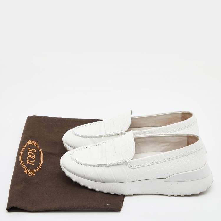 Pre Owned Tod's x Alber Elbaz White Croc Embossed Leather Happy Moments Slip On Sneakers Size 39.5 