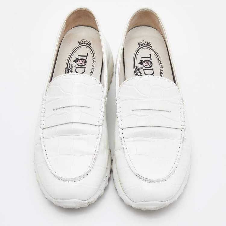 Pre Owned Tod's x Alber Elbaz White Croc Embossed Leather Happy Moments Slip On Sneakers Size 39.5 