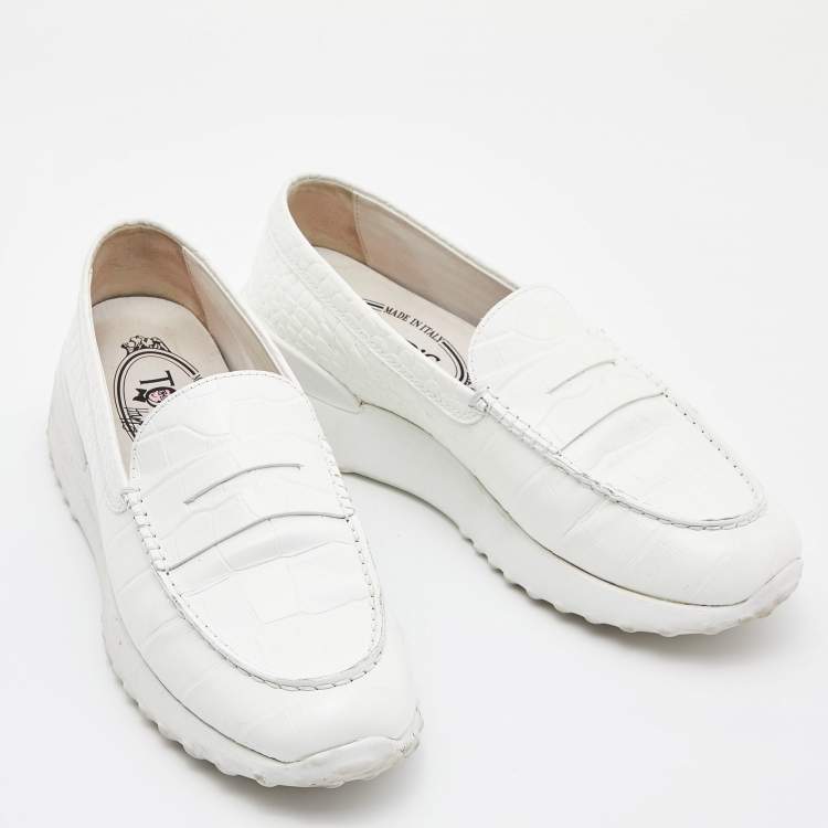 Pre Owned Tod's x Alber Elbaz White Croc Embossed Leather Happy Moments Slip On Sneakers Size 39.5 