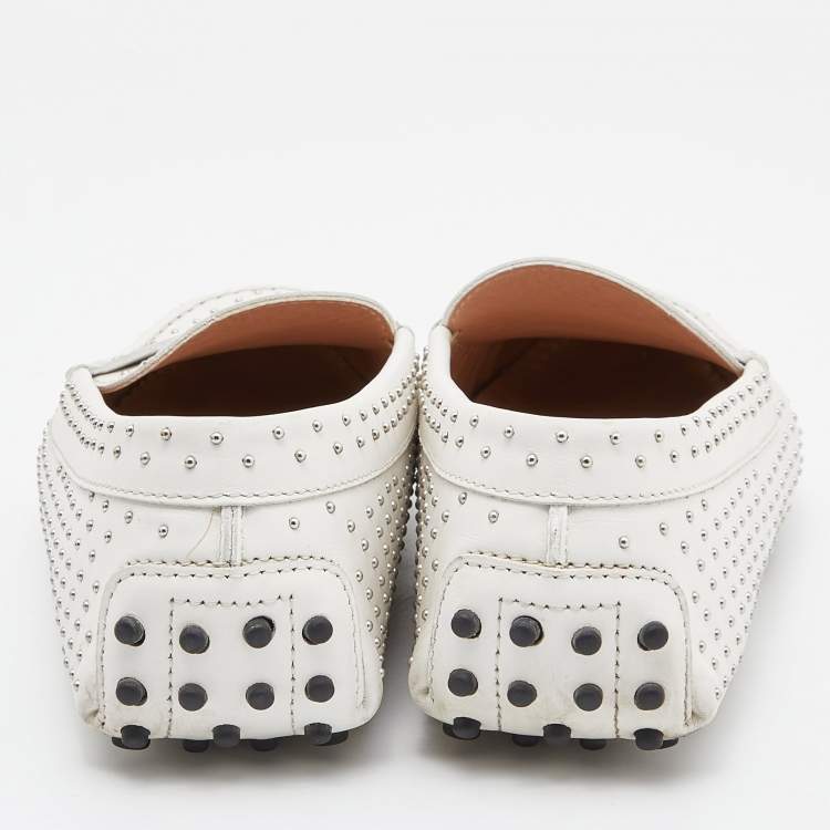 Pre Owned Tod's White Leather Studded Gommino Slip On Loafers Size 39