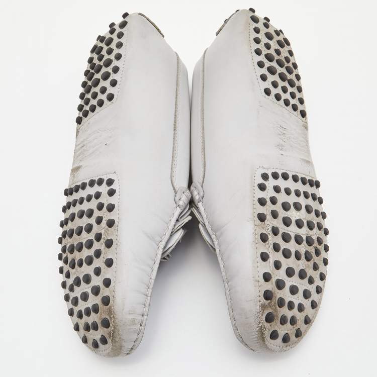 Pre Owned Tod's Grey Leather Flower Gommini Slip On Loafers Size 39
