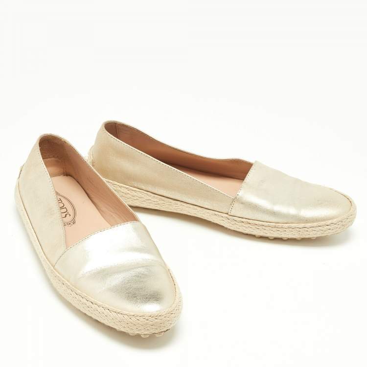 Pre Owned Tod's Metallic Gold Leather Pantofola Espadrille Slip On Sneakers Size 35
