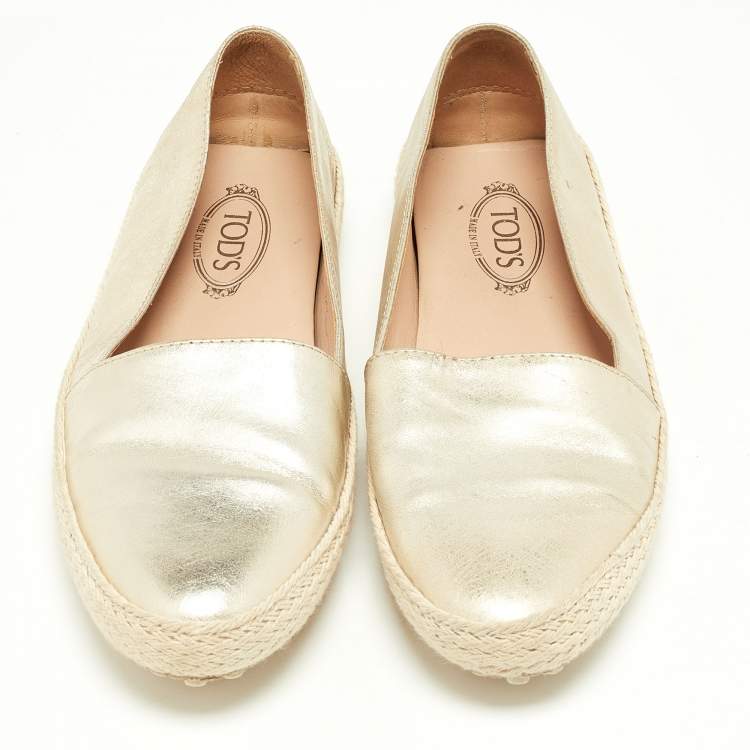 Pre Owned Tod's Metallic Gold Leather Pantofola Espadrille Slip On Sneakers Size 35
