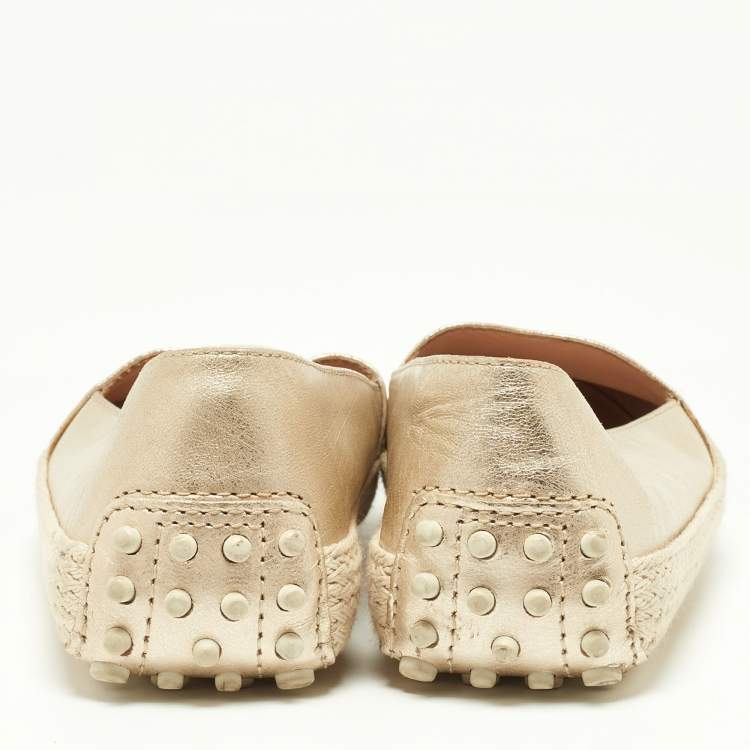 Pre Owned Tod's Metallic Gold Leather Pantofola Espadrille Slip On Sneakers Size 35